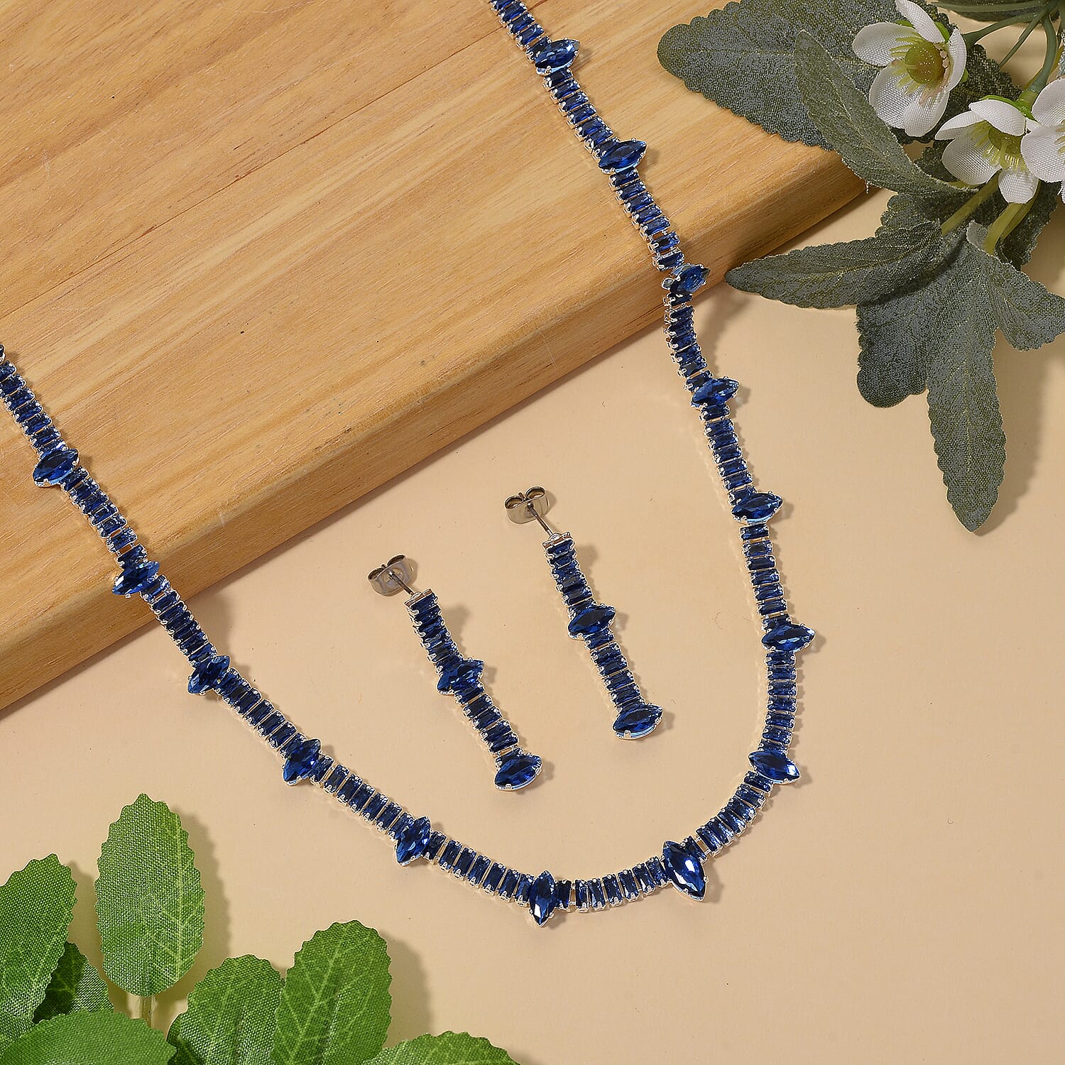 Simulated Diamond Necklace (20 INches) and Earrings in Silvertone