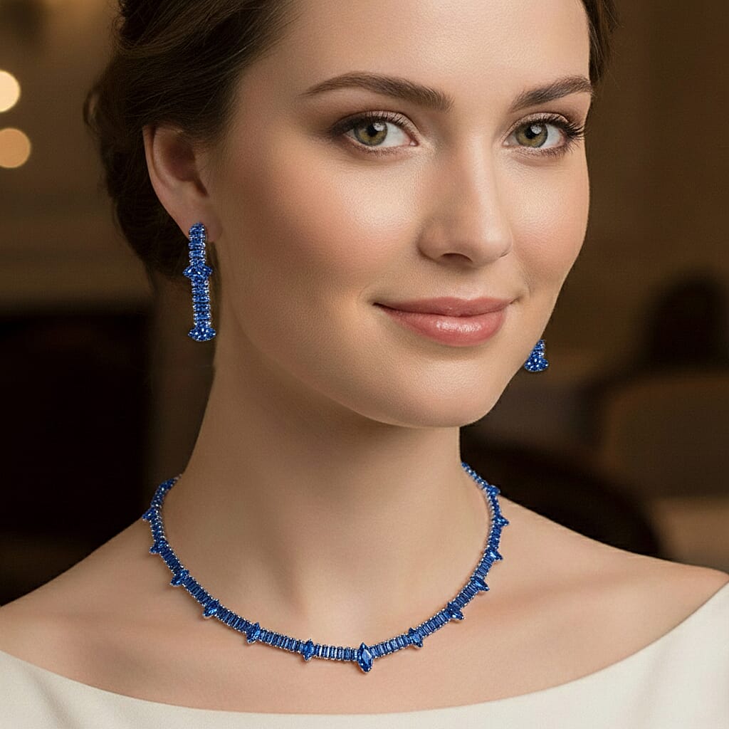 Simulated Blue Diamond Designer Style Everyday Luxury Set Necklace 20 Inches and Earrings in Silvertone