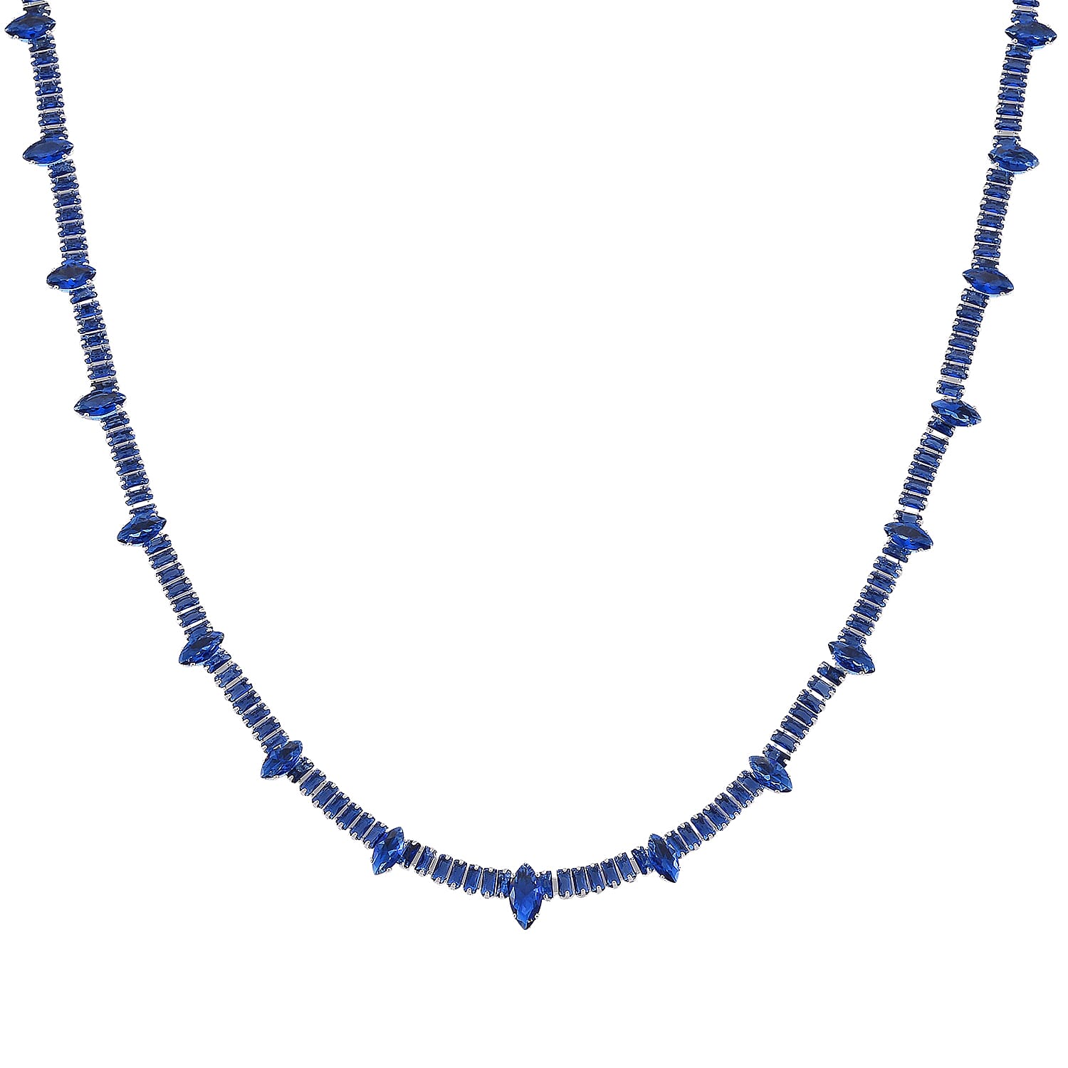 Simulated Blue Diamond Designer Style Everyday Luxury Set Necklace 20 Inches and Earrings in Silvertone