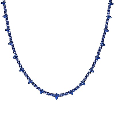 Simulated Blue Diamond Designer Style Everyday Luxury Set Necklace 20 Inches and Earrings in Silvertone