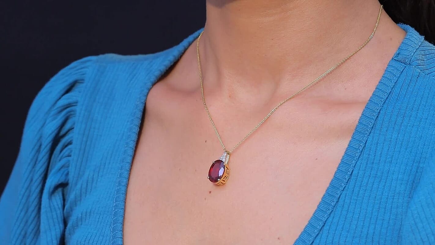 AAA Ceylon Honey Garnet, Lab Grown Diamond Pendant Necklace in 18K Vermeil YG Over Sterling Silver 7.60 ctw (20 Inches)