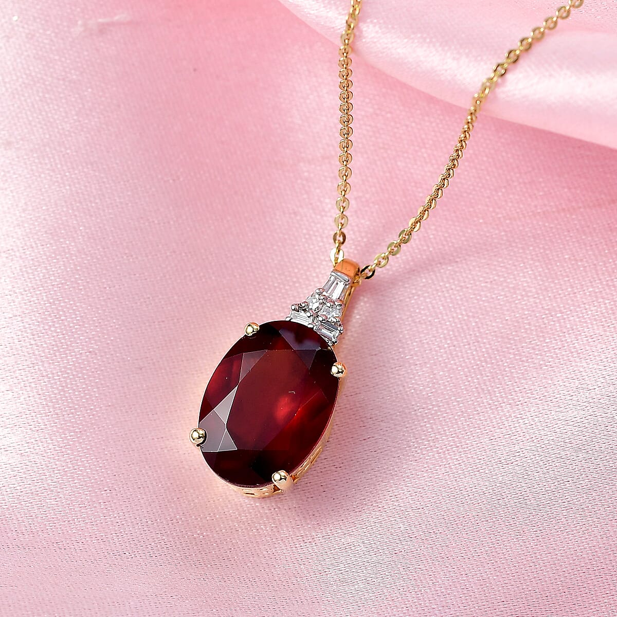 Doorbuster AAA Ceylon Honey Garnet and Luxuriant Lab Grown Diamond G-H SI 7.60 ctw Flame of Passion Pendant Necklace in 18K Vermeil Yellow Gold Over Sterling Silver 20 Inches image number 1