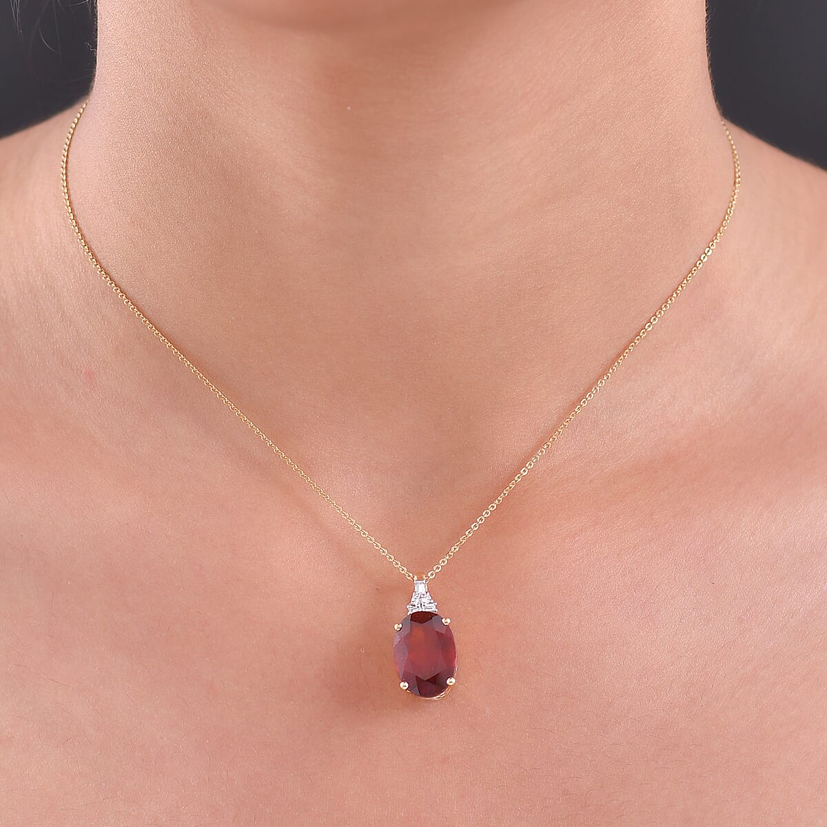 Doorbuster AAA Ceylon Honey Garnet and Luxuriant Lab Grown Diamond G-H SI 7.60 ctw Flame of Passion Pendant Necklace in 18K Vermeil Yellow Gold Over Sterling Silver 20 Inches image number 2