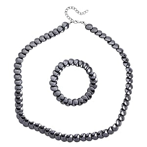 Doorbuster 2 Piece Set Hematite 557.00 ctw Beaded Stretch Bracelet (7-7.5In) and Necklace 21-23 Inches in Silvertone