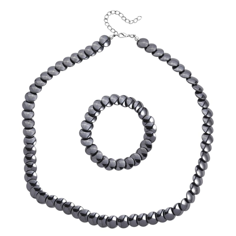 2 Piece Set Gray Hematite 557.00 ctw Beaded Stretch Bracelet (7-7.5In) and Necklace 21-23 Inches in Silvertone
