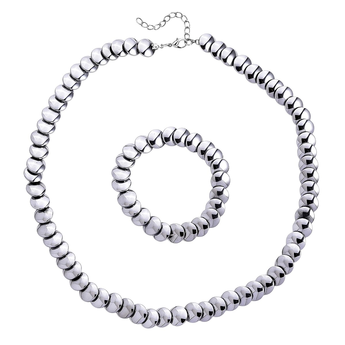Doorbuster 2 Piece Set Silver Plated Hematite 557.00 ctw Beaded Stretch Bracelet (7-7.5In) and Necklace 21-23 Inches in Silvertone image number 0