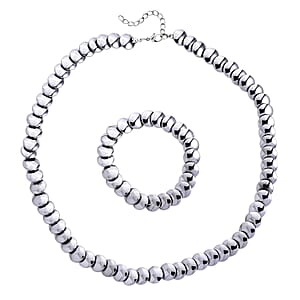 Doorbuster 2 Piece Set Silver Plated Hematite 557.00 ctw Beaded Stretch Bracelet (7-7.5In) and Necklace 21-23 Inches in Silvertone