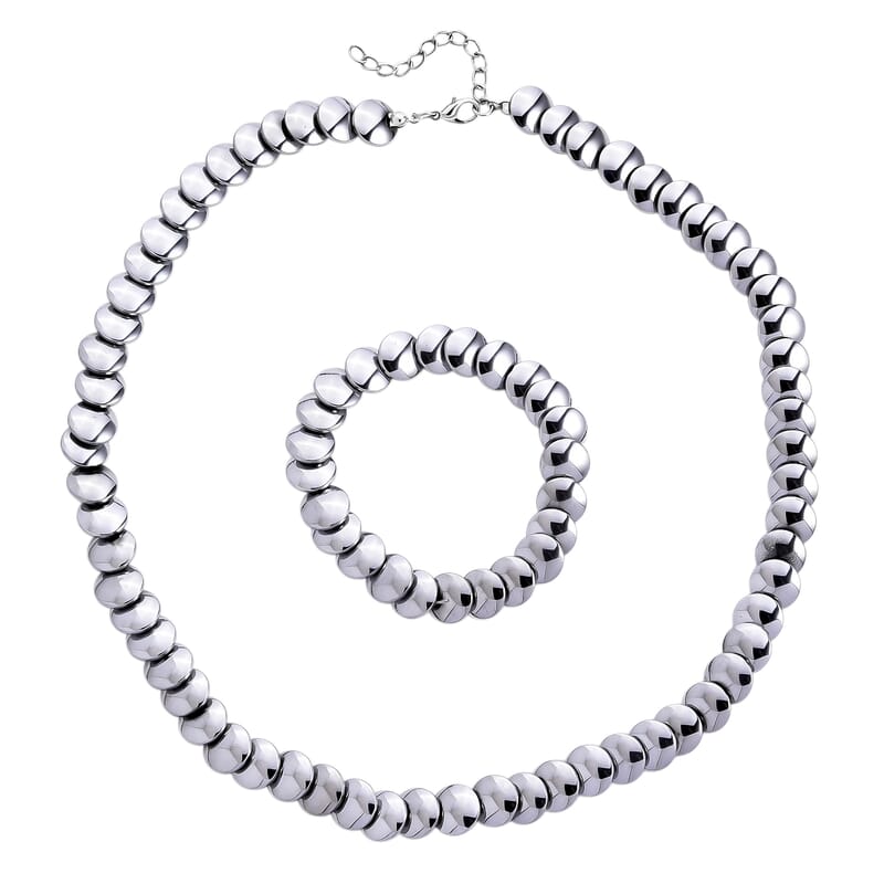 2 Piece Set Silver Plated Hematite 557.00 ctw Beaded Stretch Bracelet (7-7.5In) and Necklace 21-23 Inches in Silvertone