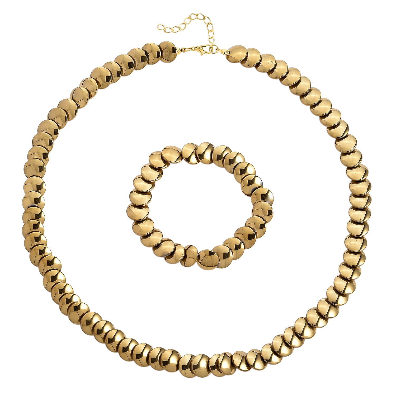 2 Piece Set Yellow Gold Plated Hematite 557.00 ctw Bracelet (7-7.5In) and Necklace 21-23 Inches in Goldtone