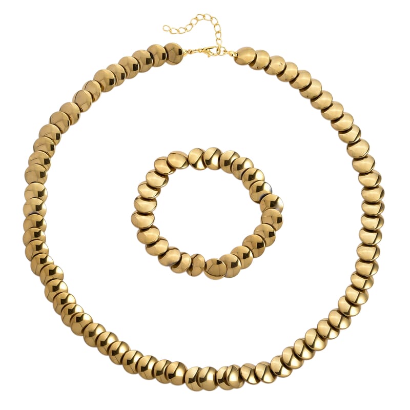 2 Piece Set Yellow Gold Plated Hematite 557.00 ctw Bracelet (7-7.5In) and Necklace 21-23 Inches in Goldtone