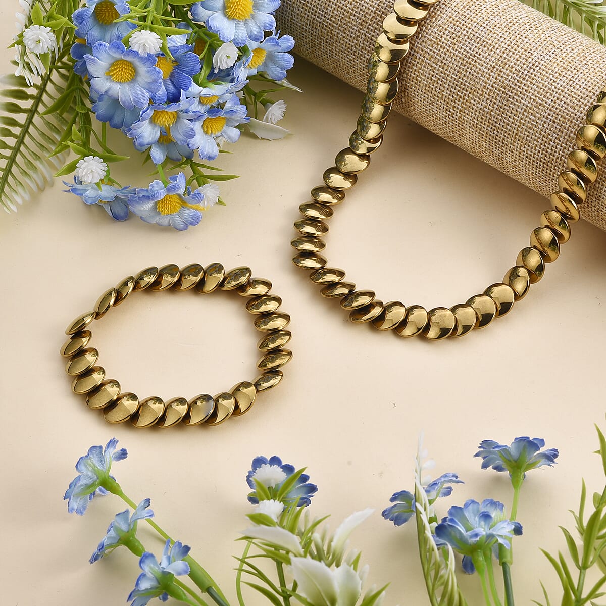 Doorbuster 2 Piece Set Yellow Gold Plated Hematite 557.00 ctw Bracelet (7-7.5In) and Necklace 21-23 Inches in Goldtone  image number 1