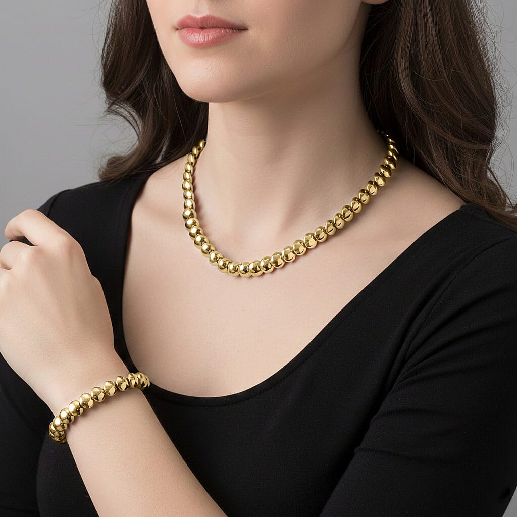 2 Piece Set Yellow Gold Plated Hematite 557.00 ctw Bracelet (7-7.5In) and Necklace 21-23 Inches in Goldtone