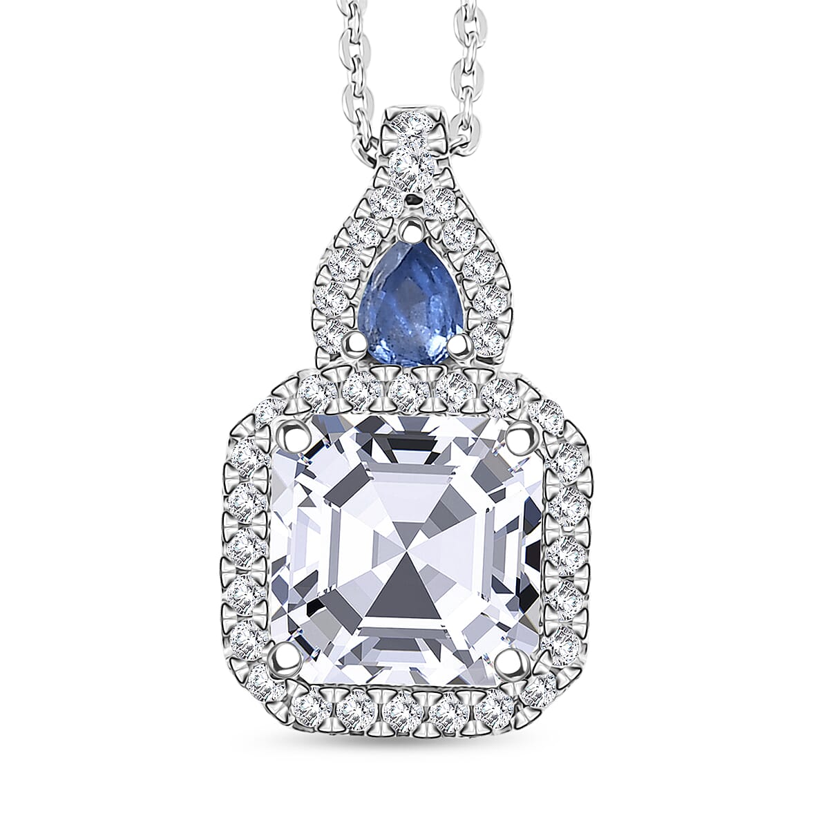 Doorbuster D'Joy Asscher Cut Moissanite and Ceylon Blue Sapphire 3.50 ctw Mirrored Monolith Pendant Necklace in Rhodium Over Sterling Silver 20 Inches image number 0