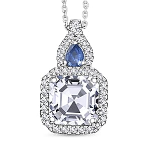 Doorbuster D'Joy Asscher Cut Moissanite and Ceylon Blue Sapphire 3.50 ctw Mirrored Monolith Pendant Necklace in Rhodium Over Sterling Silver 20 Inches
