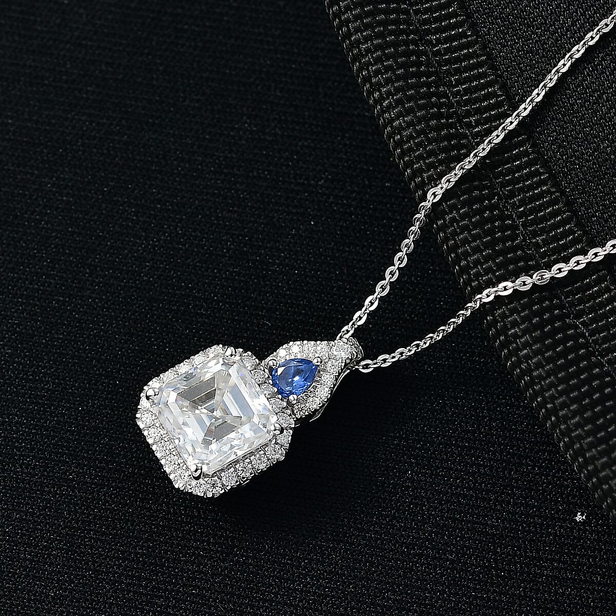 Doorbuster D'Joy Asscher Cut Moissanite and Ceylon Blue Sapphire 3.50 ctw Mirrored Monolith Pendant Necklace in Rhodium Over Sterling Silver 20 Inches image number 1