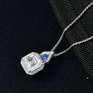 D'Joy Asscher Cut Moissanite, Ceylon Blue Sapphire Pendant Necklace in Rhodium Over Sterling Silver 3.50 ctw (20 Inches)