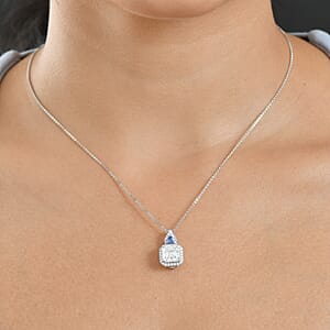 D'Joy Asscher Cut Moissanite, Ceylon Blue Sapphire Pendant Necklace in Rhodium Over Sterling Silver 3.50 ctw (20 Inches)