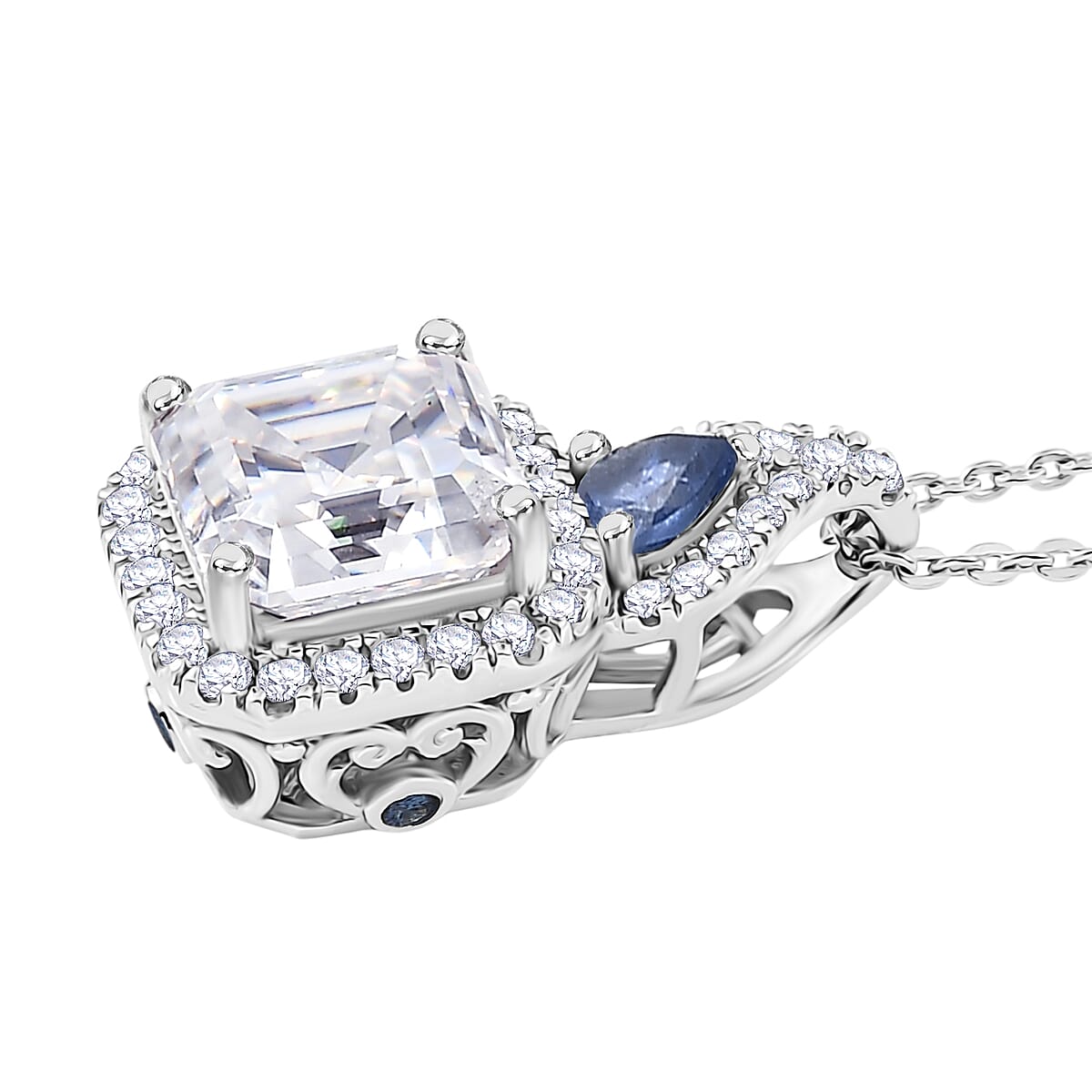 Doorbuster D'Joy Asscher Cut Moissanite and Ceylon Blue Sapphire 3.50 ctw Mirrored Monolith Pendant Necklace in Rhodium Over Sterling Silver 20 Inches image number 3