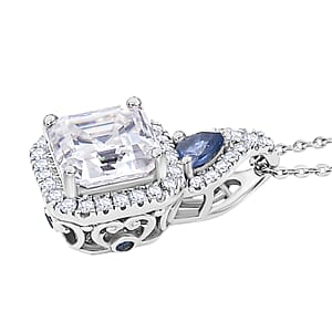 D'Joy Asscher Cut Moissanite, Ceylon Blue Sapphire Pendant Necklace in Rhodium Over Sterling Silver 3.50 ctw (20 Inches)