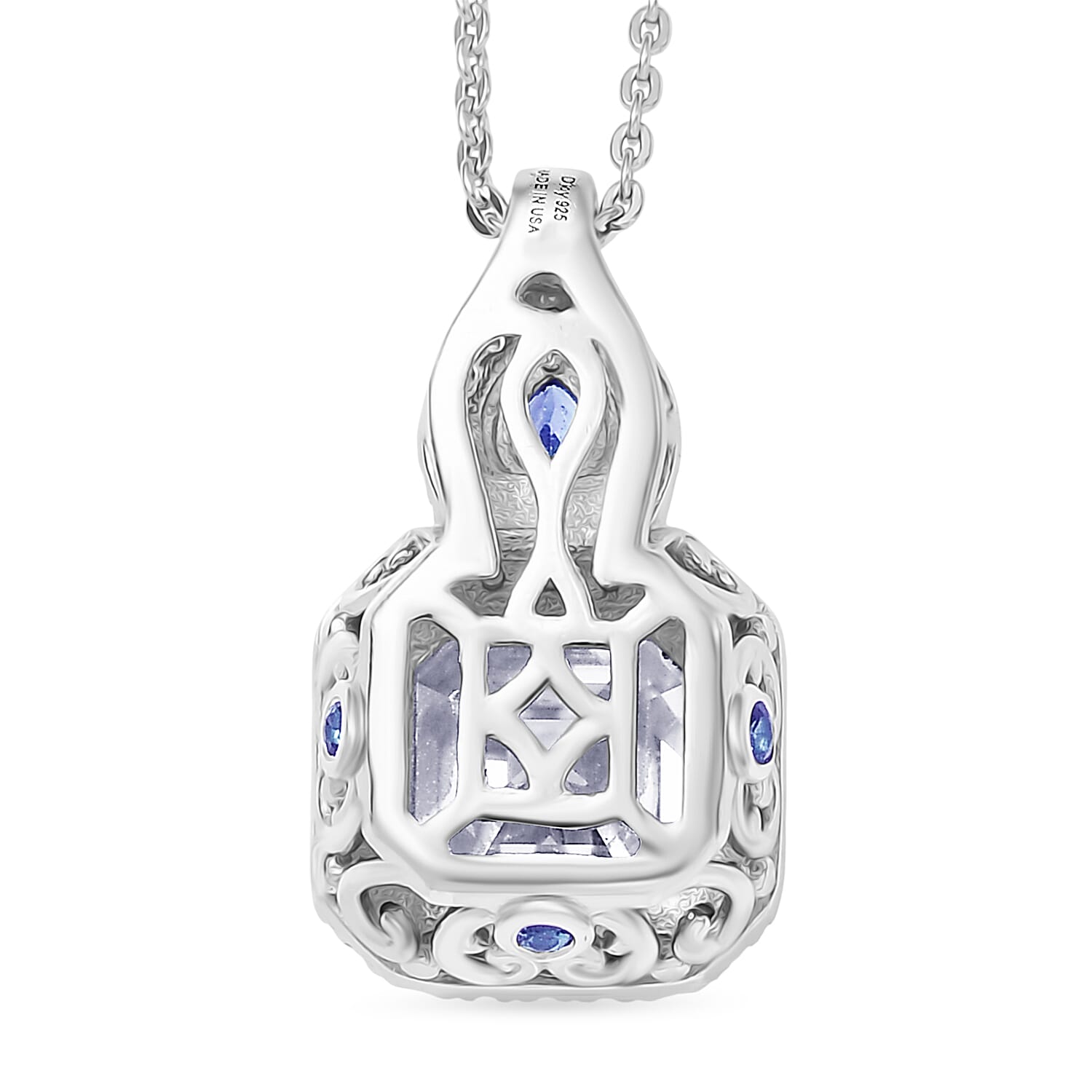 D'Joy Asscher Cut Moissanite, Ceylon Blue Sapphire Pendant Necklace in Rhodium Over Sterling Silver 3.50 ctw (20 Inches)