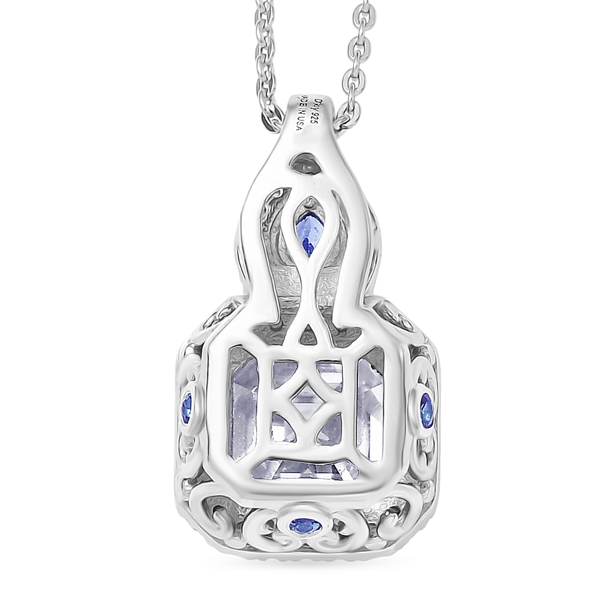 Doorbuster D'Joy Asscher Cut Moissanite and Ceylon Blue Sapphire 3.50 ctw Mirrored Monolith Pendant Necklace in Rhodium Over Sterling Silver 20 Inches image number 4