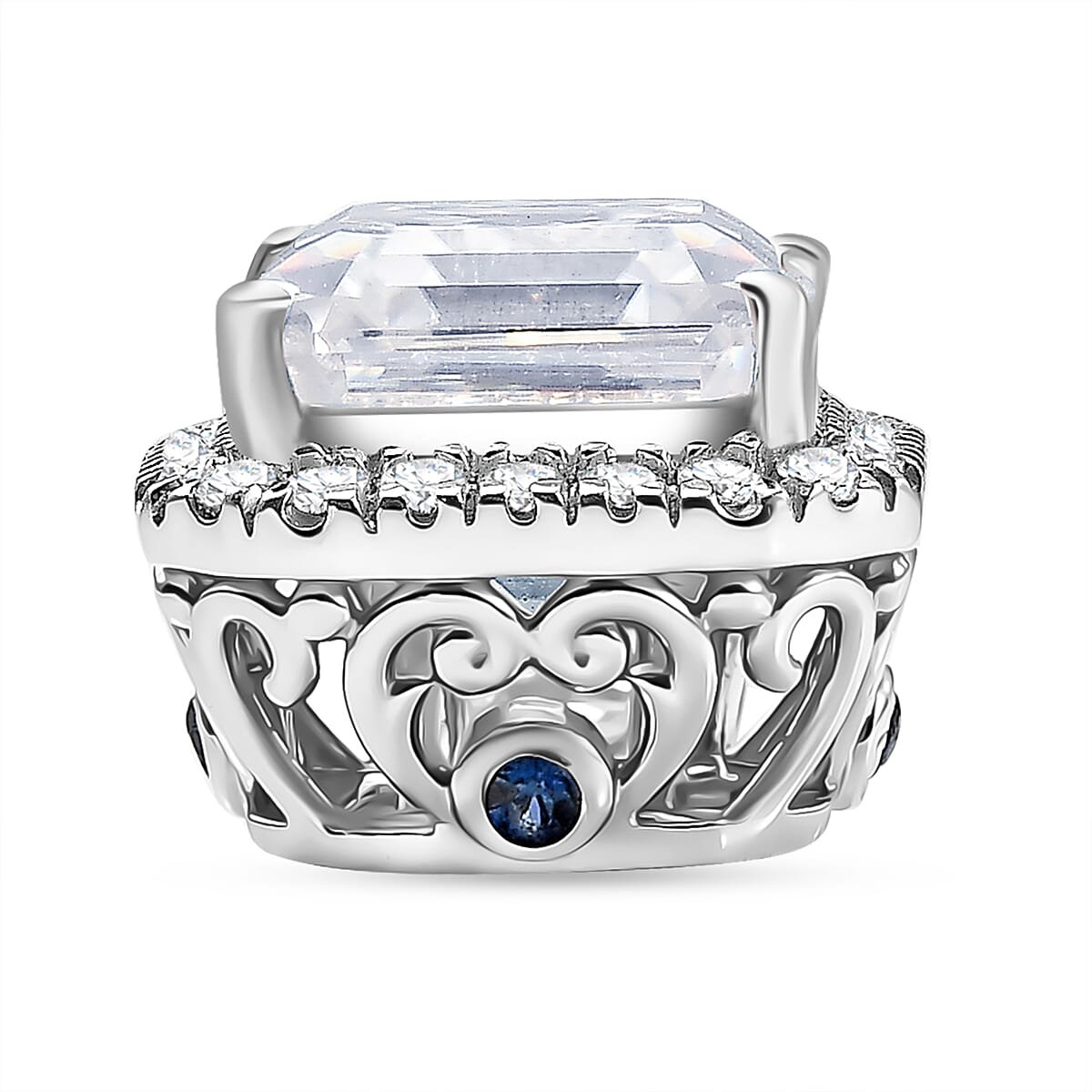 D'Joy Asscher Cut Moissanite, Ceylon Blue Sapphire Pendant Necklace in Rhodium Over Sterling Silver 3.50 ctw (20 Inches)