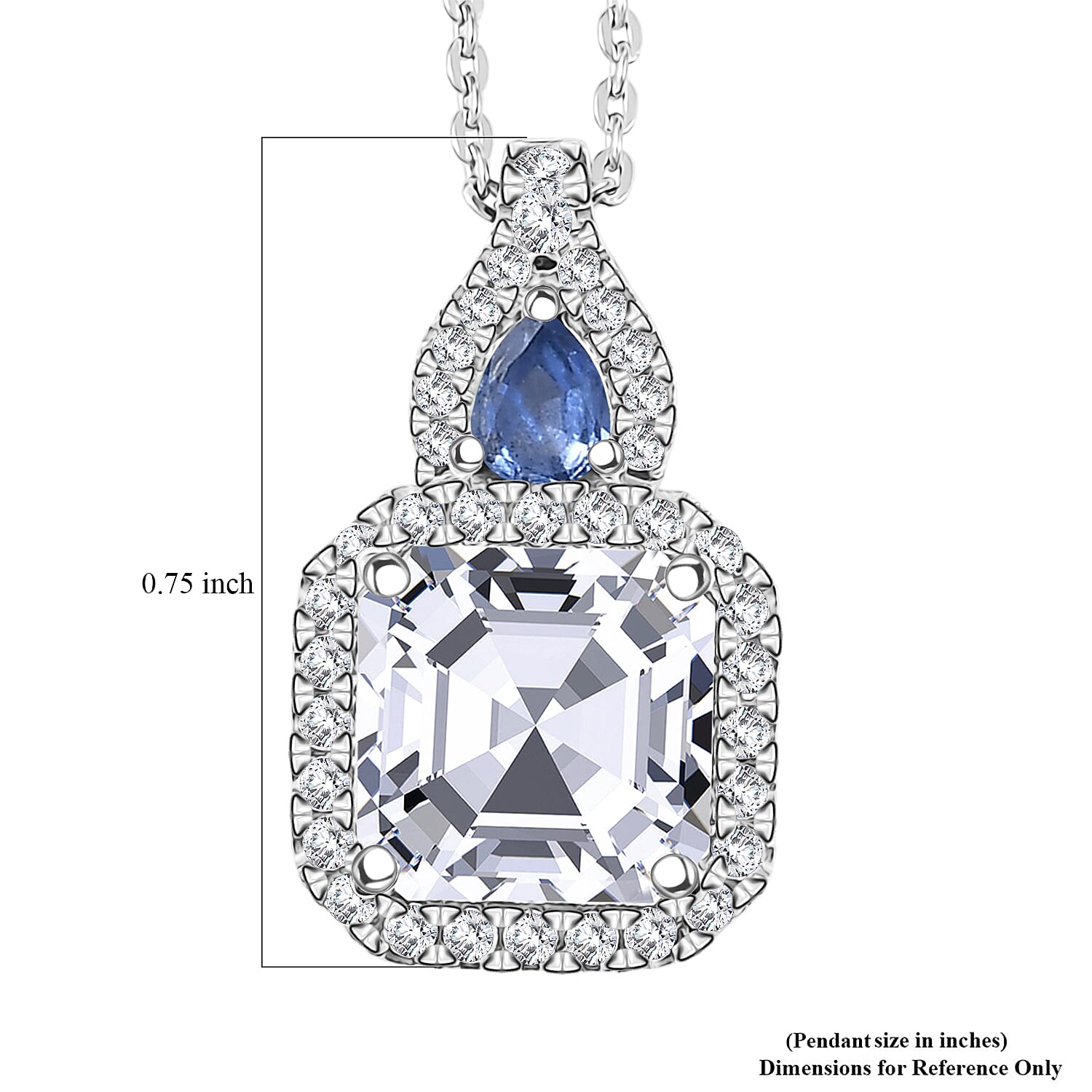 D'Joy Asscher Cut Moissanite, Ceylon Blue Sapphire Pendant Necklace in Rhodium Over Sterling Silver 3.50 ctw (20 Inches)