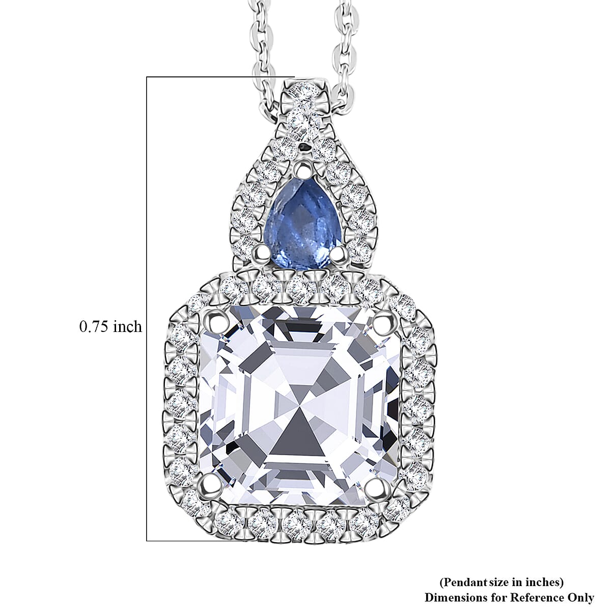 Doorbuster D'Joy Asscher Cut Moissanite and Ceylon Blue Sapphire 3.50 ctw Mirrored Monolith Pendant Necklace in Rhodium Over Sterling Silver 20 Inches image number 6