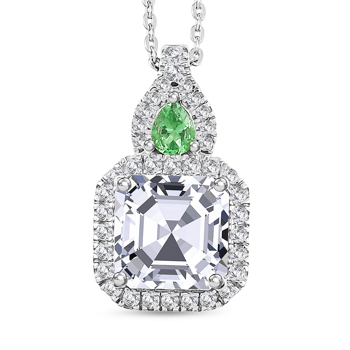 Doorbuster D'Joy Asscher Cut Moissanite and Tsavorite Garnet 3.25 ctw Mirrored Monolith Pendant Necklace in Rhodium Over Sterling Silver 20 Inches image number 0
