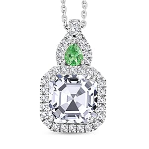 Doorbuster D'Joy Asscher Cut Moissanite and Tsavorite Garnet 3.25 ctw Mirrored Monolith Pendant Necklace in Rhodium Over Sterling Silver 20 Inches