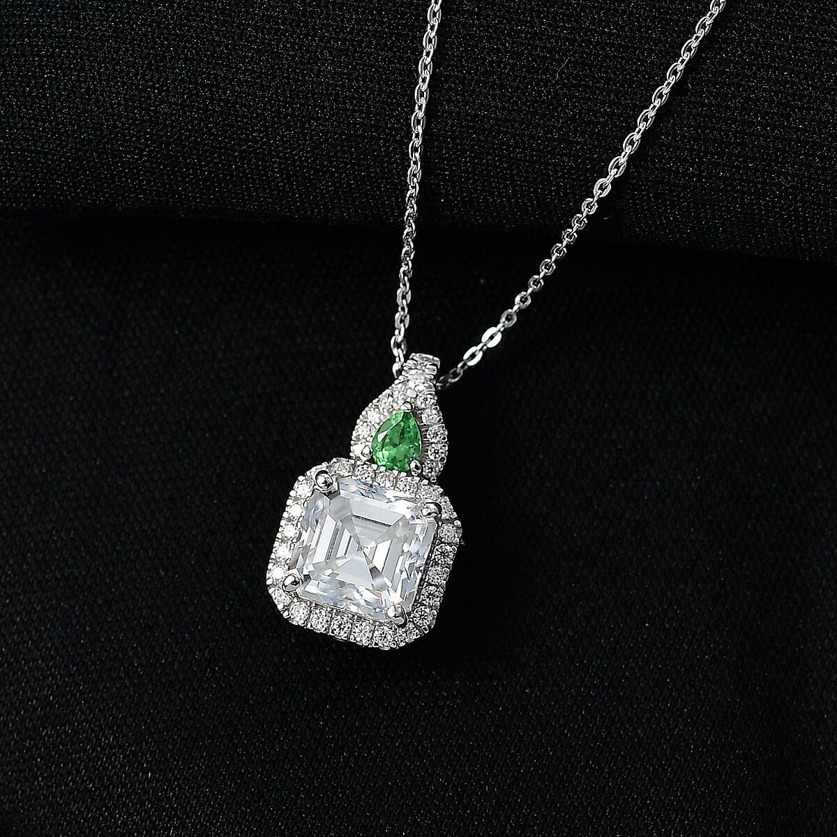 Doorbuster D'Joy Asscher Cut Moissanite and Tsavorite Garnet 3.25 ctw Mirrored Monolith Pendant Necklace in Rhodium Over Sterling Silver 20 Inches image number 1