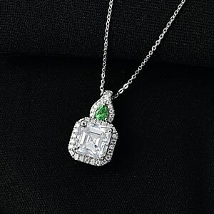 D'Joy Asscher Cut Moissanite, Tsavorite Garnet Pendant Necklace in Rhodium Over Sterling Silver 3.25 ctw (20 Inches)