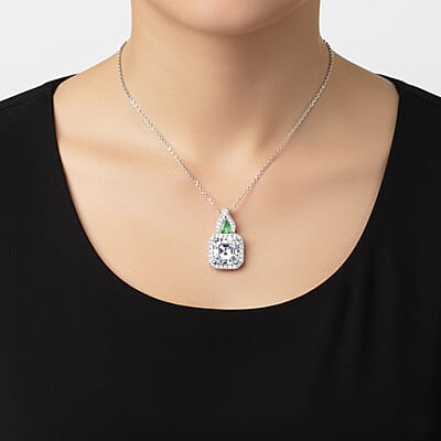 D'Joy Asscher Cut Moissanite, Tsavorite Garnet Pendant Necklace in Rhodium Over Sterling Silver 3.25 ctw (20 Inches)