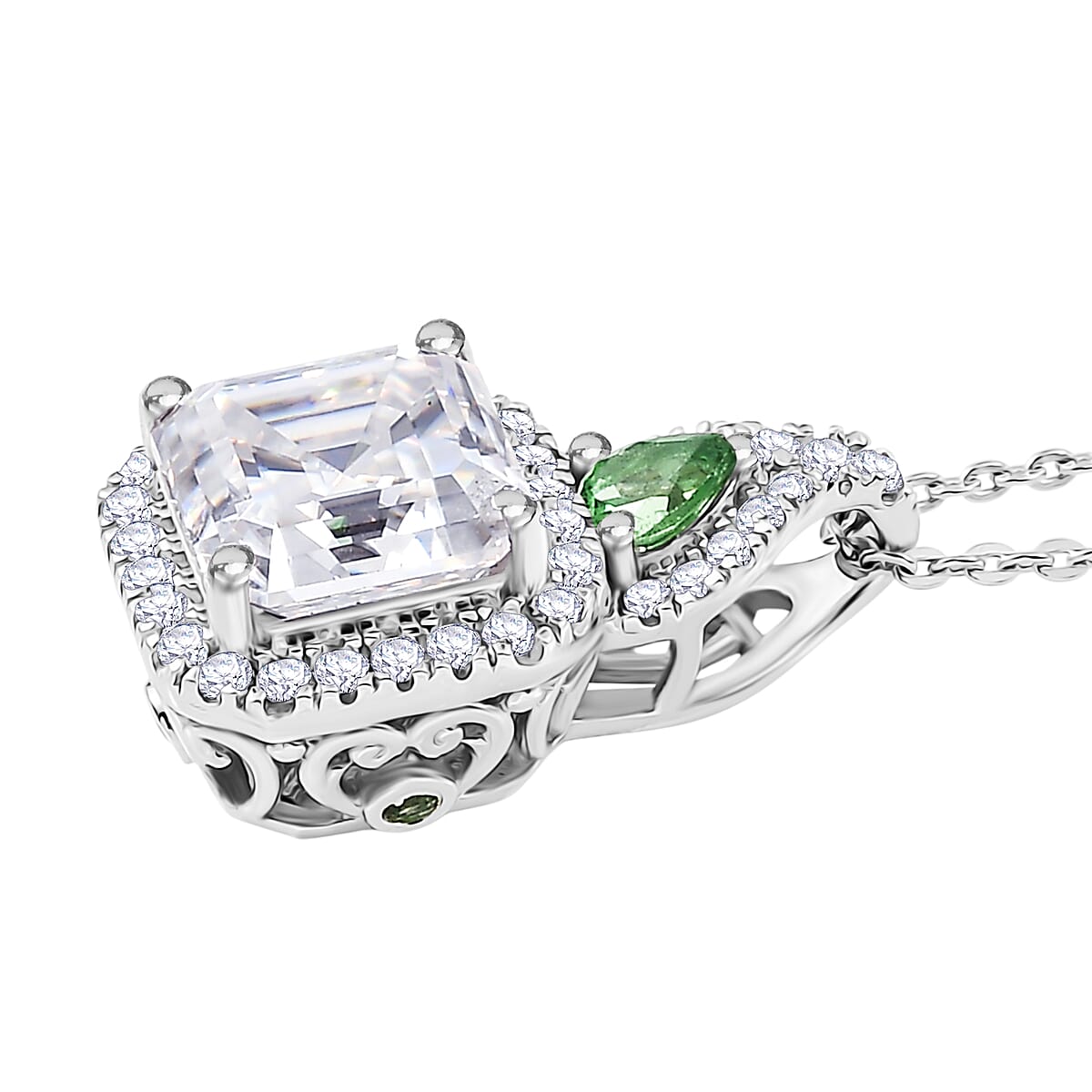 Doorbuster D'Joy Asscher Cut Moissanite and Tsavorite Garnet 3.25 ctw Mirrored Monolith Pendant Necklace in Rhodium Over Sterling Silver 20 Inches image number 3