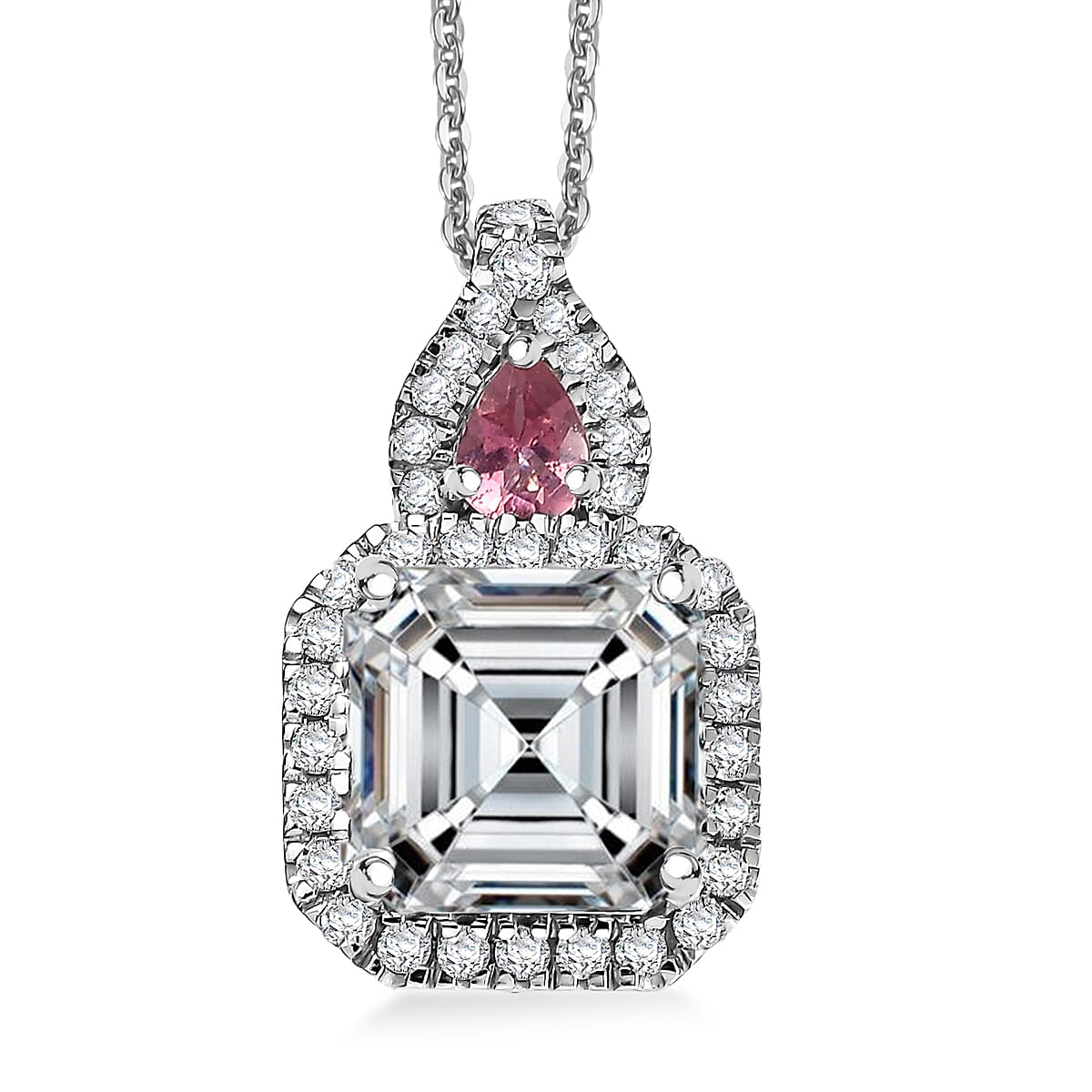 Doorbuster D'Joy Asscher Cut Moissanite and Ouro Fino Rubellite 3.20 ctw Mirrored Monolith Pendant Necklace in Rhodium Over Sterling Silver 20 Inches image number 0