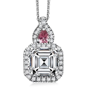 Doorbuster D'Joy Asscher Cut Moissanite and Ouro Fino Rubellite 3.20 ctw Mirrored Monolith Pendant Necklace in Rhodium Over Sterling Silver 20 Inches