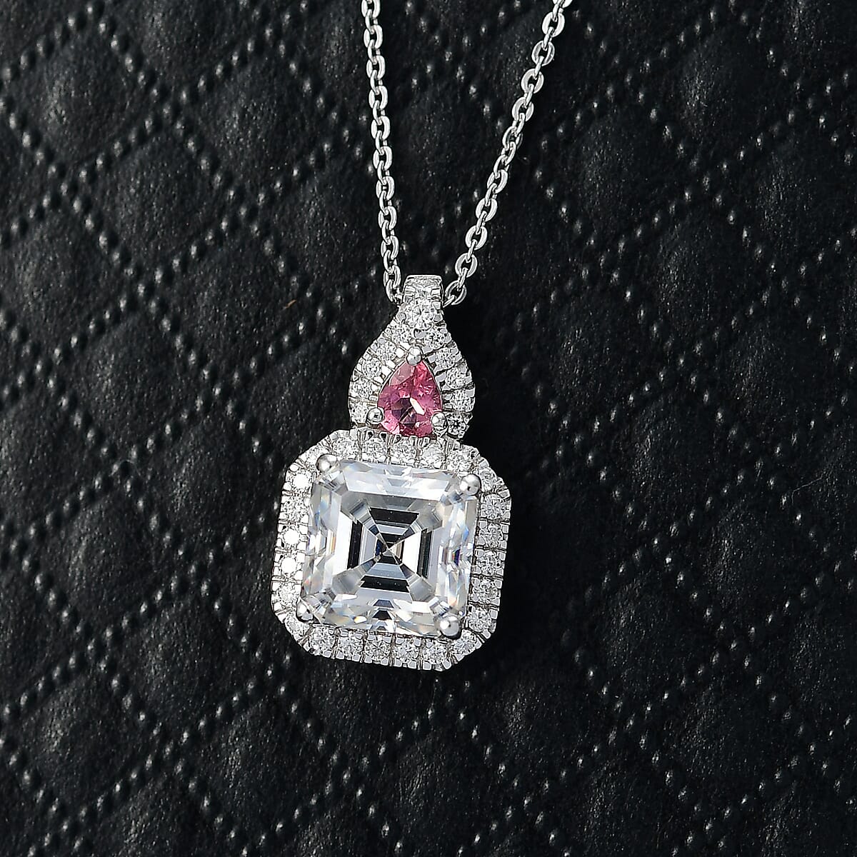 Doorbuster D'Joy Asscher Cut Moissanite and Ouro Fino Rubellite 3.20 ctw Mirrored Monolith Pendant Necklace in Rhodium Over Sterling Silver 20 Inches image number 1
