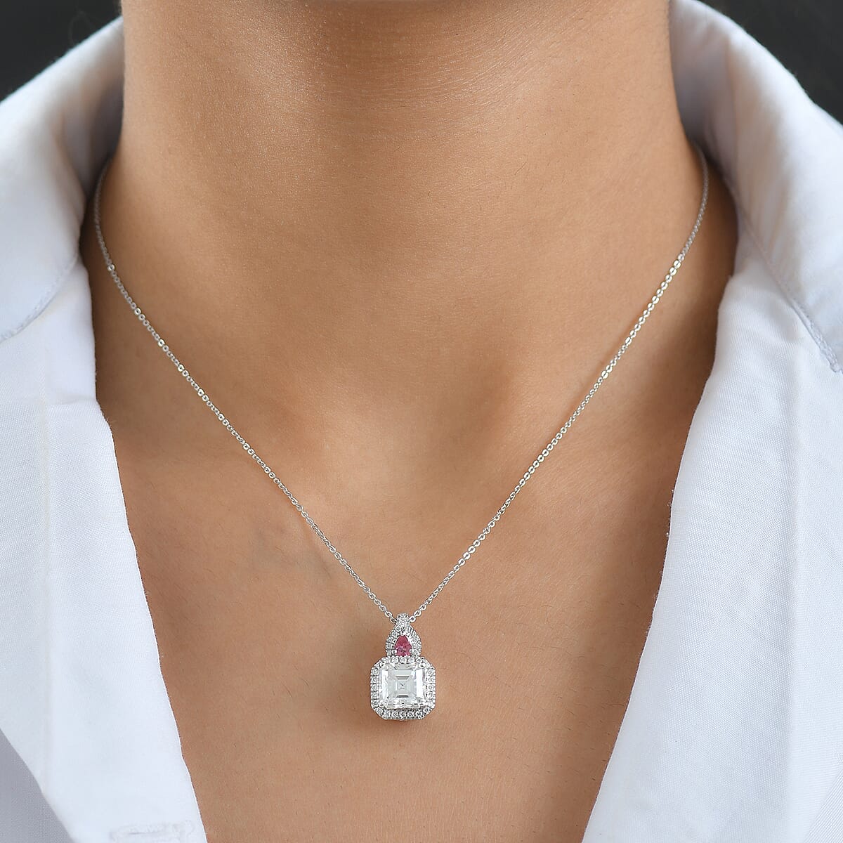 Doorbuster D'Joy Asscher Cut Moissanite and Ouro Fino Rubellite 3.20 ctw Mirrored Monolith Pendant Necklace in Rhodium Over Sterling Silver 20 Inches image number 2