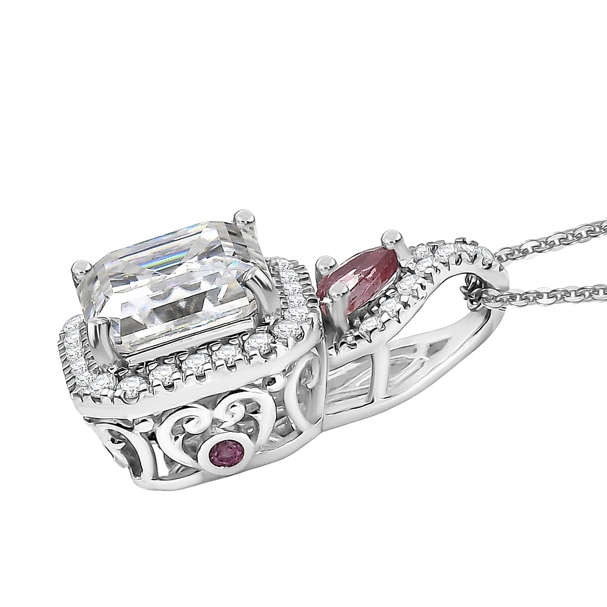 Doorbuster D'Joy Asscher Cut Moissanite and Ouro Fino Rubellite 3.20 ctw Mirrored Monolith Pendant Necklace in Rhodium Over Sterling Silver 20 Inches image number 3
