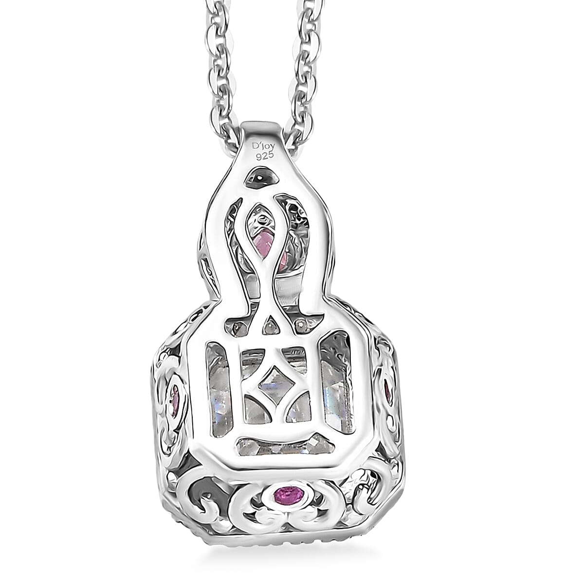 Doorbuster D'Joy Asscher Cut Moissanite and Ouro Fino Rubellite 3.20 ctw Mirrored Monolith Pendant Necklace in Rhodium Over Sterling Silver 20 Inches image number 4
