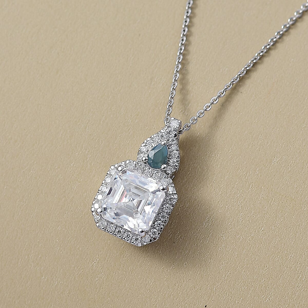Doorbuster D'Joy Asscher Cut Moissanite and Narsipatnam Alexandrite 3.25 ctw Mirrored Monolith Pendant Necklace in Rhodium Over Sterling Silver 20 Inches image number 1