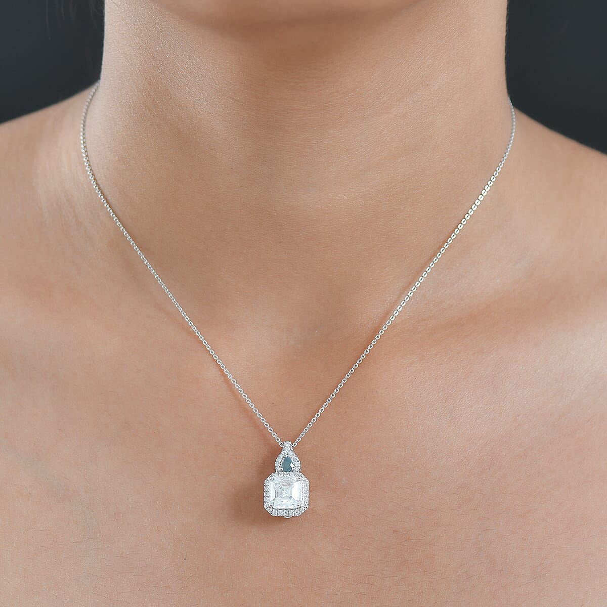 Doorbuster D'Joy Asscher Cut Moissanite and Narsipatnam Alexandrite 3.25 ctw Mirrored Monolith Pendant Necklace in Rhodium Over Sterling Silver 20 Inches image number 2
