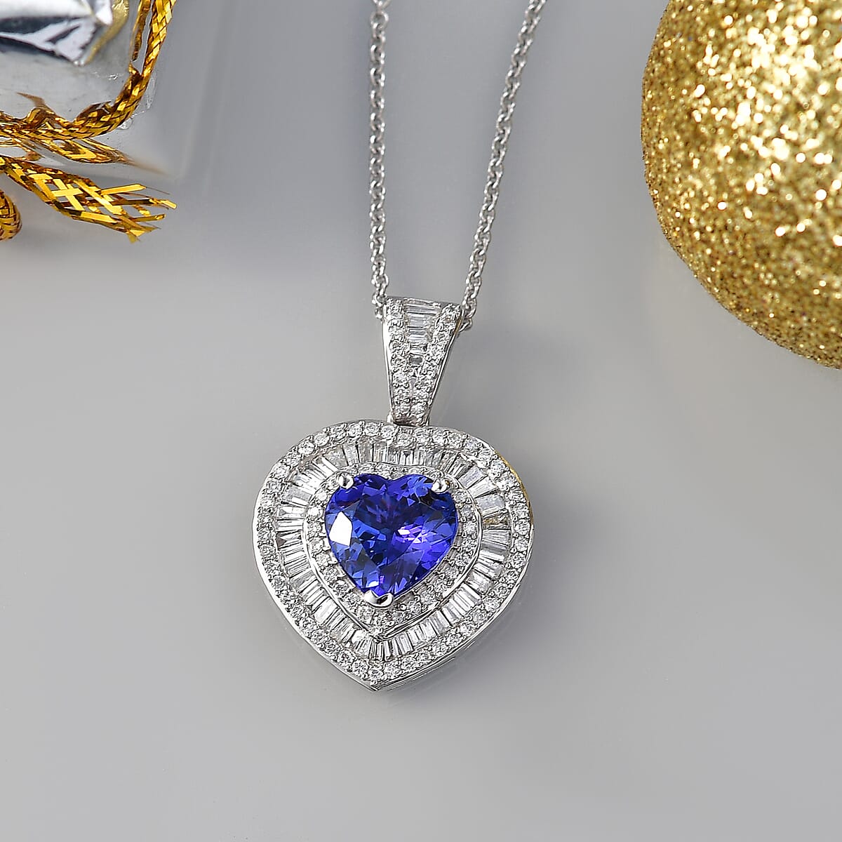 Luxoro AAA Tanzanite and Diamond I2 2.70 ctw Evening Majesty Heart Pendant Necklace in 10K White Gold 4.45 Grams 20 Inches  image number 1