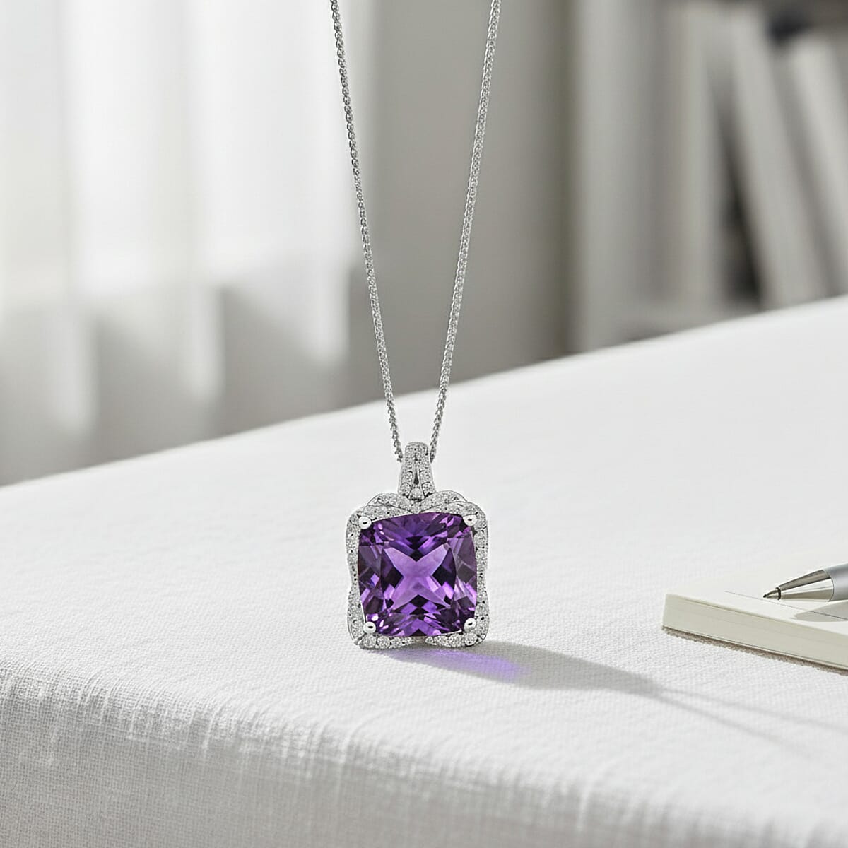 Doorbuster D'Joy AAA Zambian Amethyst and Moissanite 5.50 ctw Poinsettia flower Pendant Necklace in Rhodium Over Sterling Silver 18 Inches image number 1