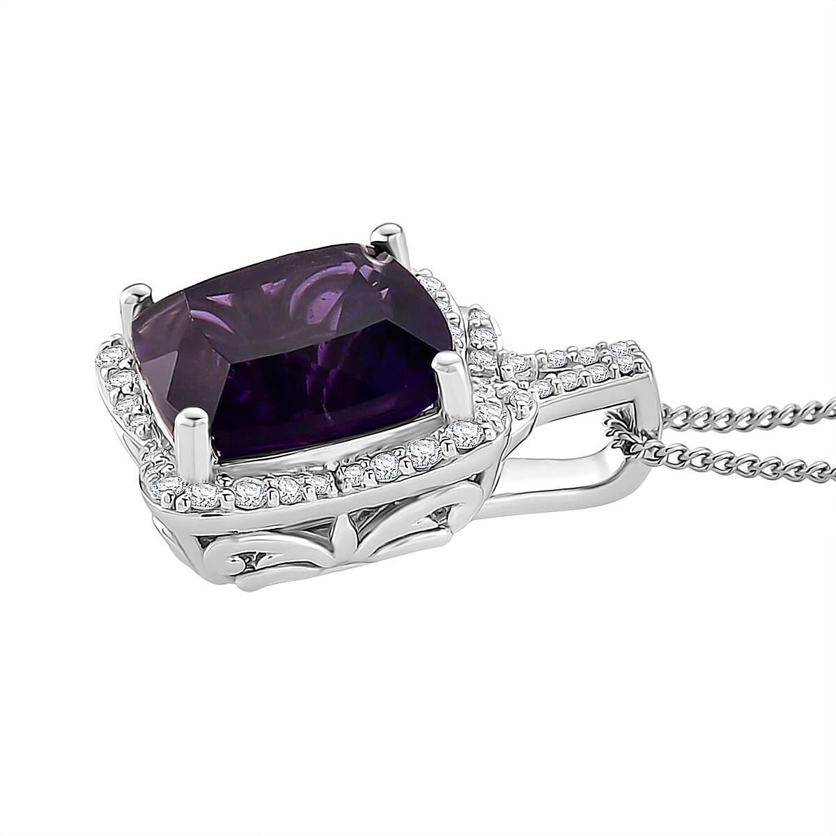 Doorbuster D'Joy AAA Zambian Amethyst and Moissanite 5.50 ctw Poinsettia flower Pendant Necklace in Rhodium Over Sterling Silver 18 Inches image number 3