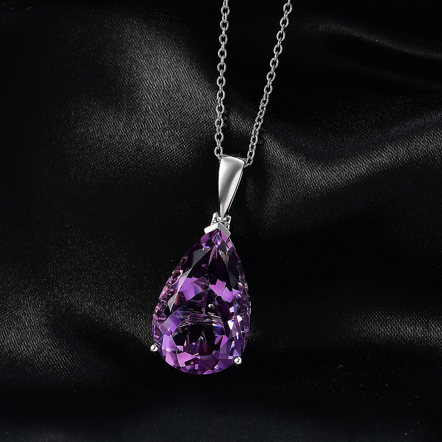 EverTrue African Amethyst 24.30 ctw Drop Pendant in Platinum Bond with Stainless Steel Necklace 20 Inches
