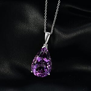 EverTrue African Amethyst 24.30 ctw Drop Pendant in Platinum Bond with Stainless Steel Necklace 20 Inches