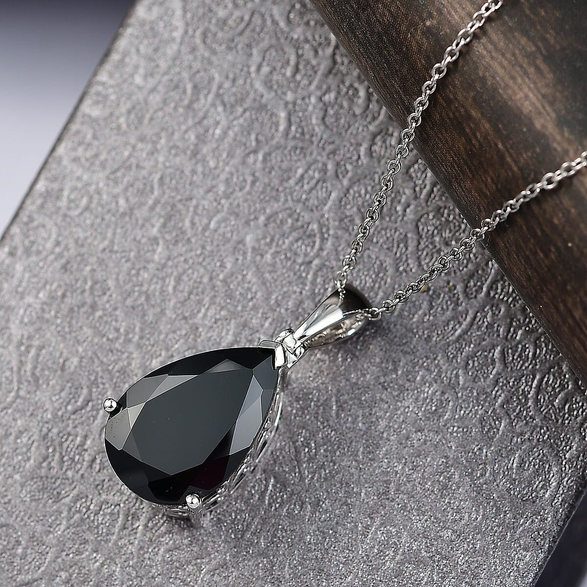 Doorbuster EverTrue Thai Black Spinel 25.30 ctw Drop Pendant in Platinum Bond with Stainless Steel Necklace 20 Inches image number 1