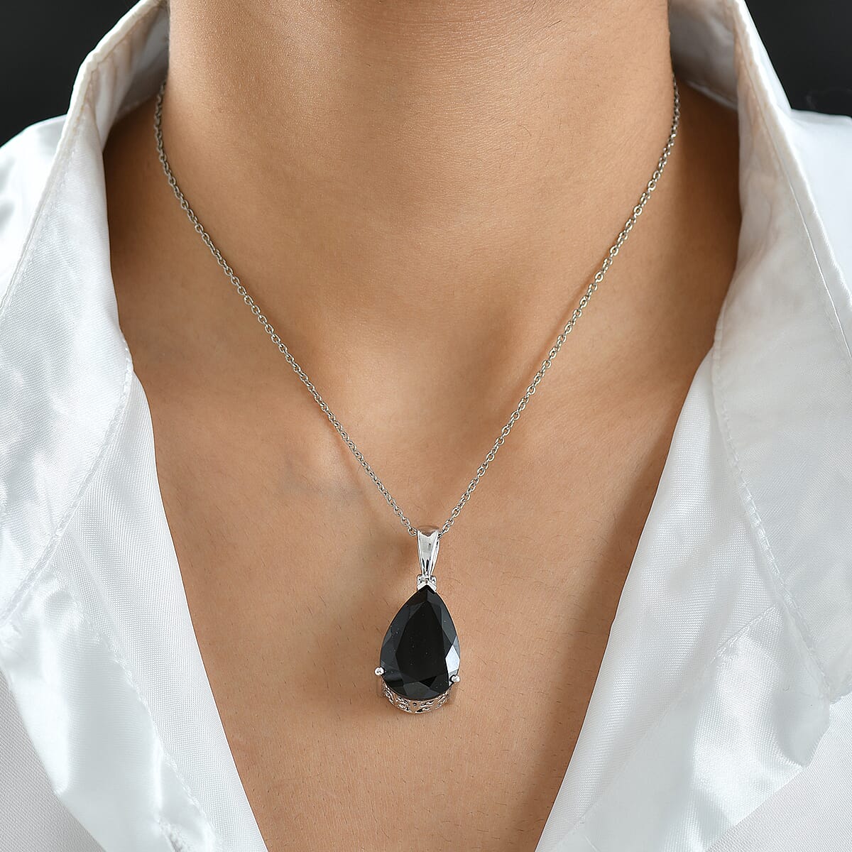 Doorbuster EverTrue Thai Black Spinel 25.30 ctw Drop Pendant in Platinum Bond with Stainless Steel Necklace 20 Inches image number 2