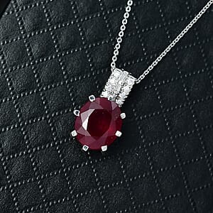 D'Joy Niassa Ruby (FF) and Moissanite 8.00 ctw Crown Pendant Necklace in Rhodium Over Sterling Silver 20 Inches 